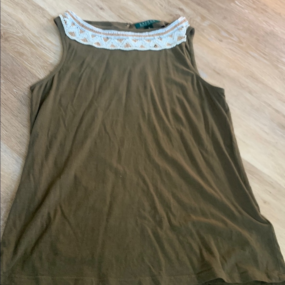 Olive Green Sleeveless Top with Beaded Collar LAUREN RALPH LAUREN
